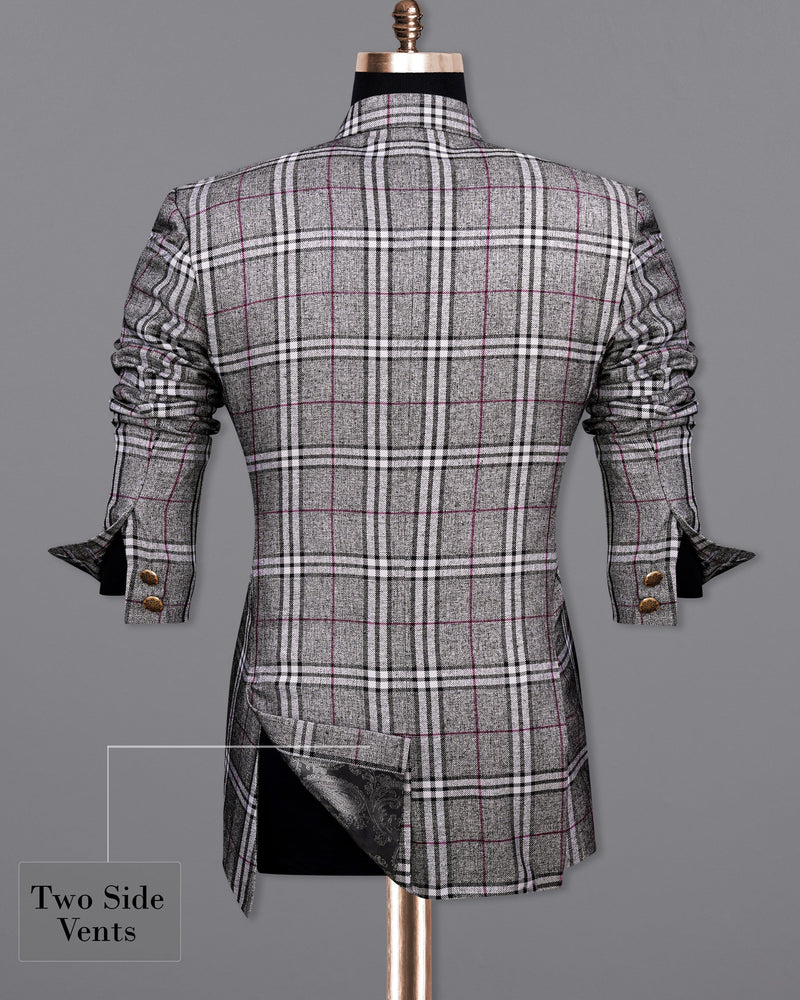 Amethyst Gray with Black Plaid Cross Buttoned Bandhgala Blazer BL2141-CBG-36, BL2141-CBG-38, BL2141-CBG-40, BL2141-CBG-42, BL2141-CBG-44, BL2141-CBG-46, BL2141-CBG-48, BL2141-CBG-50, BL2141-CBG-52, BL2141-CBG-54, BL2141-CBG-56, BL2141-CBG-58, BL2141-CBG-60