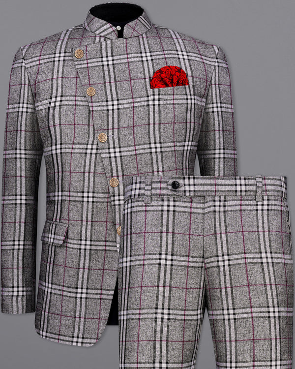 Amethyst Gray with Black Plaid Cross Buttoned Bandhgala Suit  ST2141-CBG-36, ST2141-CBG-38, ST2141-CBG-40, ST2141-CBG-42, ST2141-CBG-44, ST2141-CBG-46, ST2141-CBG-48, ST2141-CBG-50, ST2141-CBG-52, ST2141-CBG-54, ST2141-CBG-56, ST2141-CBG-58, ST2141-CBG-60
