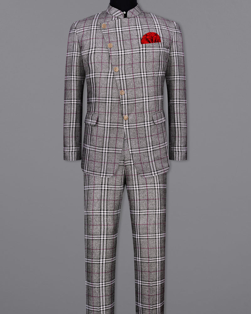 Amethyst Gray with Black Plaid Cross Buttoned Bandhgala Suit  ST2141-CBG-36, ST2141-CBG-38, ST2141-CBG-40, ST2141-CBG-42, ST2141-CBG-44, ST2141-CBG-46, ST2141-CBG-48, ST2141-CBG-50, ST2141-CBG-52, ST2141-CBG-54, ST2141-CBG-56, ST2141-CBG-58, ST2141-CBG-60