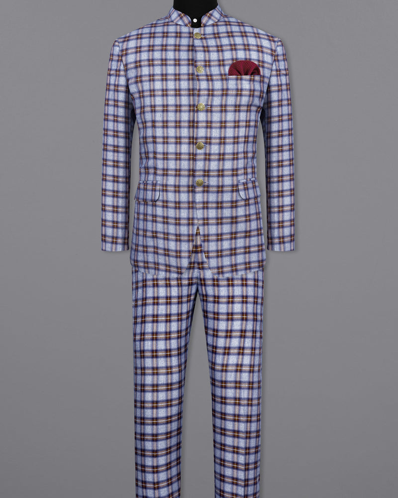 Chateau Blue with Cocoa Brown Plaid Bandhgala Suit ST2149-BG-36, ST2149-BG-38, ST2149-BG-40, ST2149-BG-42, ST2149-BG-44, ST2149-BG-46, ST2149-BG-48, ST2149-BG-50, ST2149-BG-52, ST2149-BG-54, ST2149-BG-56, ST2149-BG-58, ST2149-BG-60