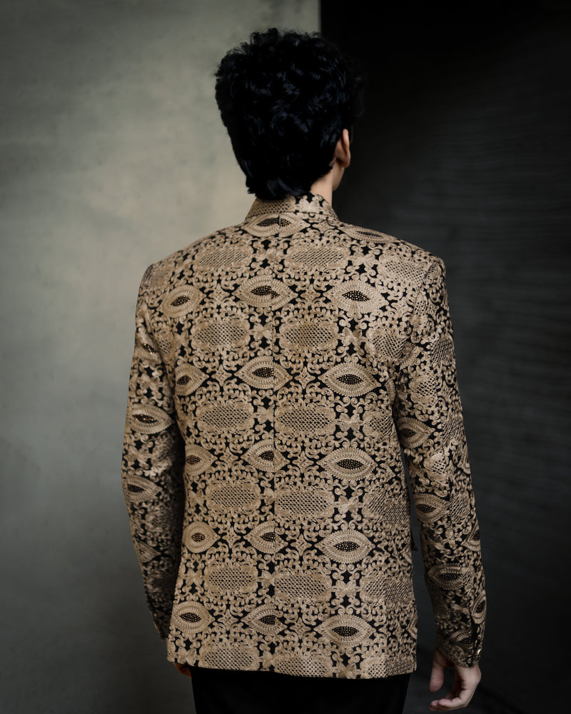 Beaver Brown with Jade Black Diamond Work with Cotton Thread Heavy Embroidered Bandhgala Designer Indo-Western Suit