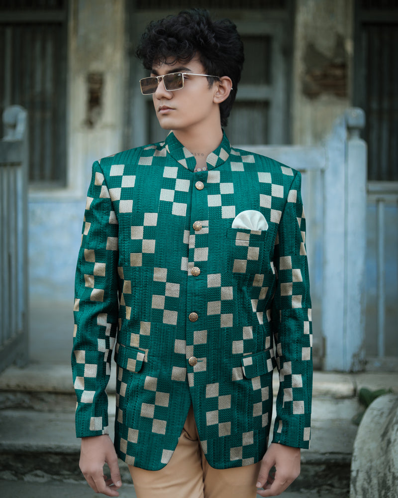 Dark Teal Green with Periglacial Cream Square Cotton Thread Heavy Embroidered Bandhgala Designer Indo-Western Blazer