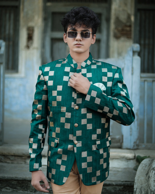 Dark Teal Green with Periglacial Cream Square Cotton Thread Heavy Embroidered Jodhpuri Designer Indo-Western Suit
