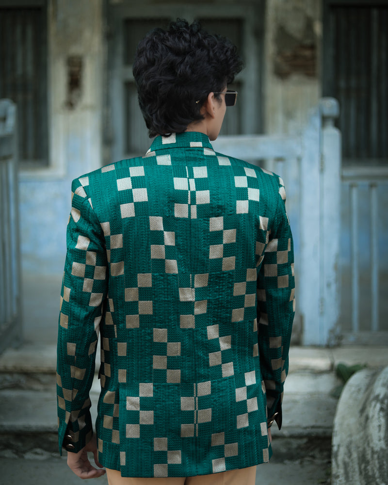 Dark Teal Green with Periglacial Cream Square Cotton Thread Heavy Embroidered Jodhpuri Designer Indo-Western Suit