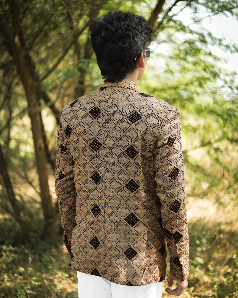 Muesli Brown with Asphalt Black Diamond Work with Cotton Thread Heavy Embroidered Bandhgala Designer Indo-Western Blazer