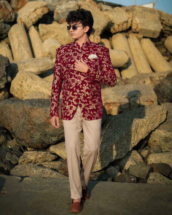 Castro Red with Oyster Brown Diamond Work with Cotton Thread Heavy Embroidered Jodhpuri Designer Indo-Western Suit