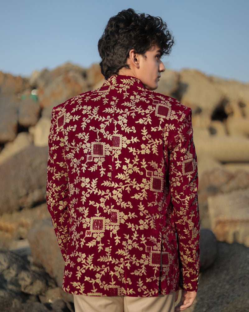 Castro Red with Oyster Brown Diamond Work with Cotton Thread Heavy Embroidered Jodhpuri Designer Indo-Western Suit