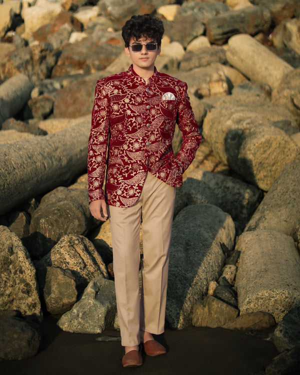 Scarlet Red with Beaver Brown Diamond Work with Cotton Thread Heavy Embroidered Jodhpuri Designer Indo-Western Suit