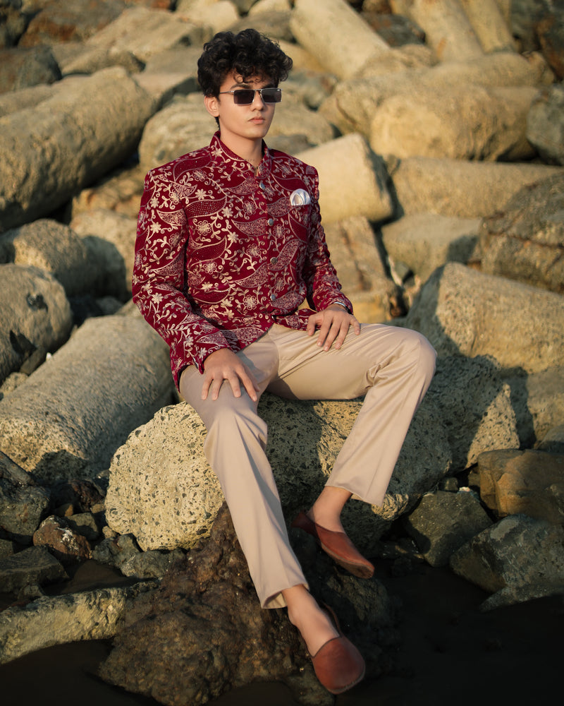 Scarlet Red with Beaver Brown Diamond Work with Cotton Thread Heavy Embroidered Bandhgala Designer Indo-Western Blazer