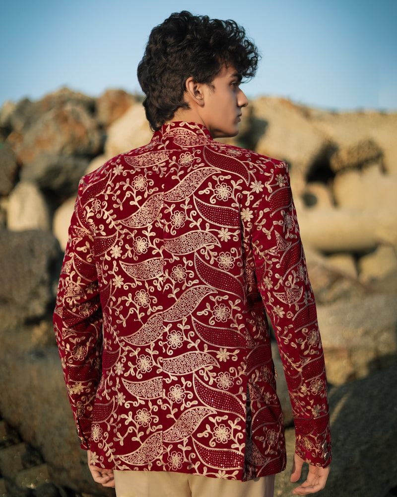 Scarlet Red with Beaver Brown Diamond Work with Cotton Thread Heavy Embroidered Bandhgala Designer Indo-Western Blazer