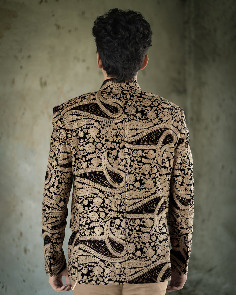 Muesli Brown and Jade Black Diamond Work with Cotton Thread Heavy Embroidered Bandhgala Designer Indo-Western Blazer
