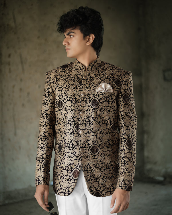 Stone Brown with Jade Black Diamond Work with Cotton Thread Heavy Embroidered Jodhpuri Designer Indo-Western Suit