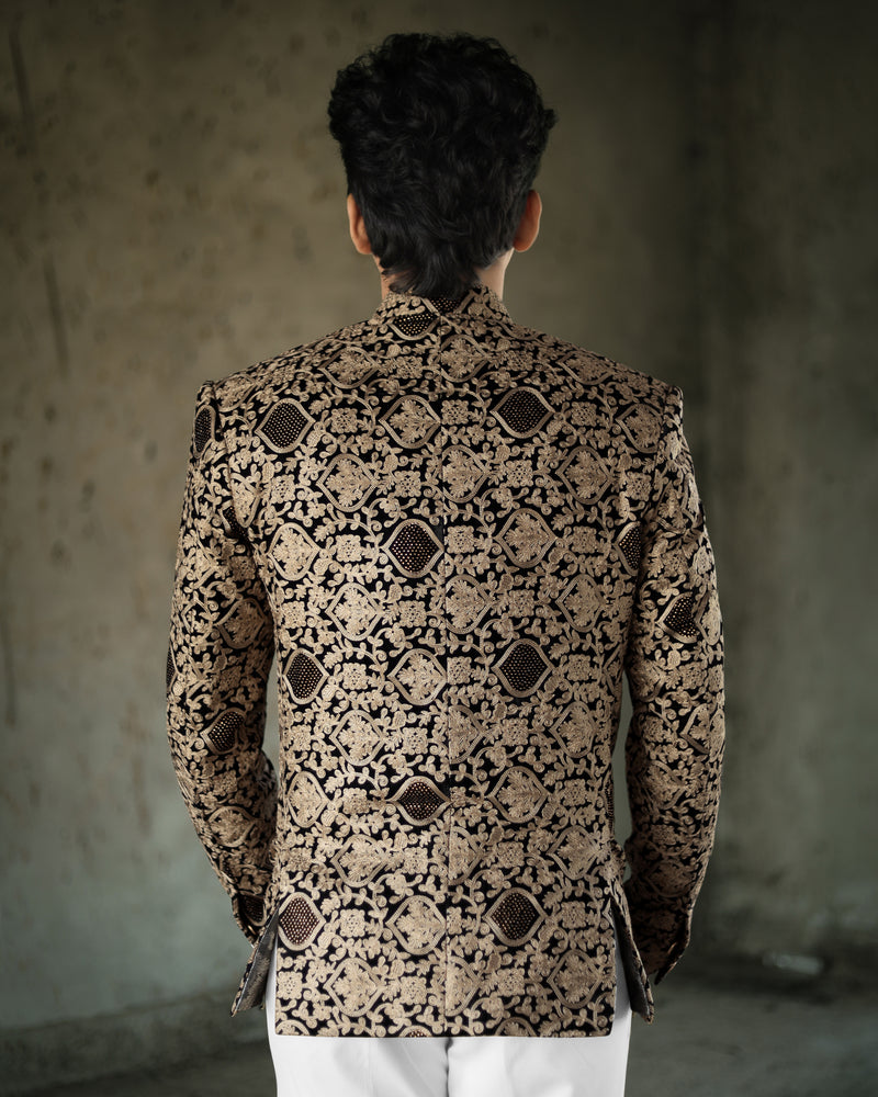 Stone Brown with Jade Black Diamond Work with Cotton Thread Heavy Embroidered Bandhgala  Designer Indo-Western Blazer