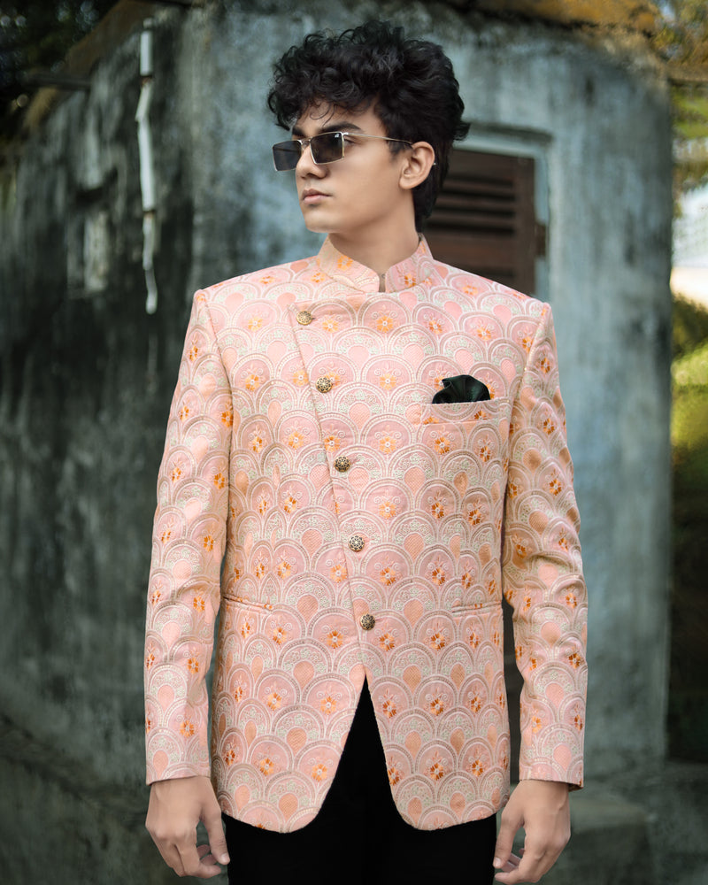 Cosmos Light Pink with Tangerina Orange Cross Buttoned Cotton Thread Heavy Embroidered Bandhgala Designer Blazer