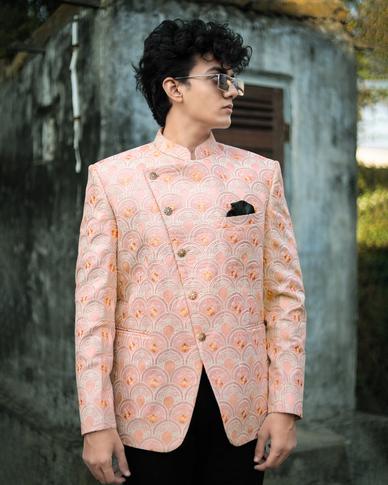 Cosmos Light Pink with Tangerina Orange Cross Buttoned Cotton Thread Heavy Embroidered Bandhgala Designer Blazer