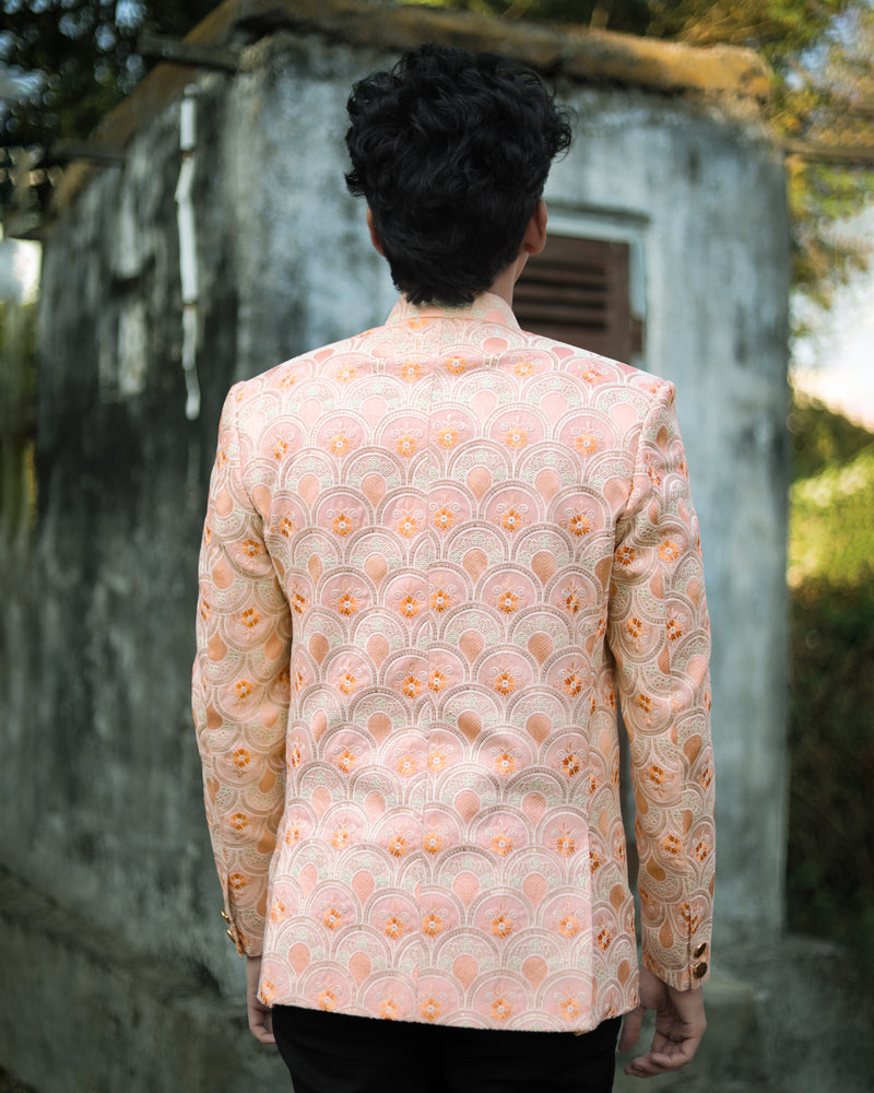 Cosmos Light Pink with Tangerina Orange Cross Buttoned Cotton Thread Heavy Embroidered Bandhgala Designer Suit