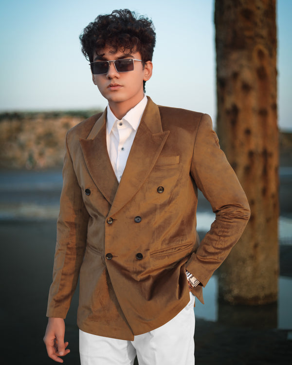 Nutmeg Brown Double Breasted Premium Velvet Designer Suit