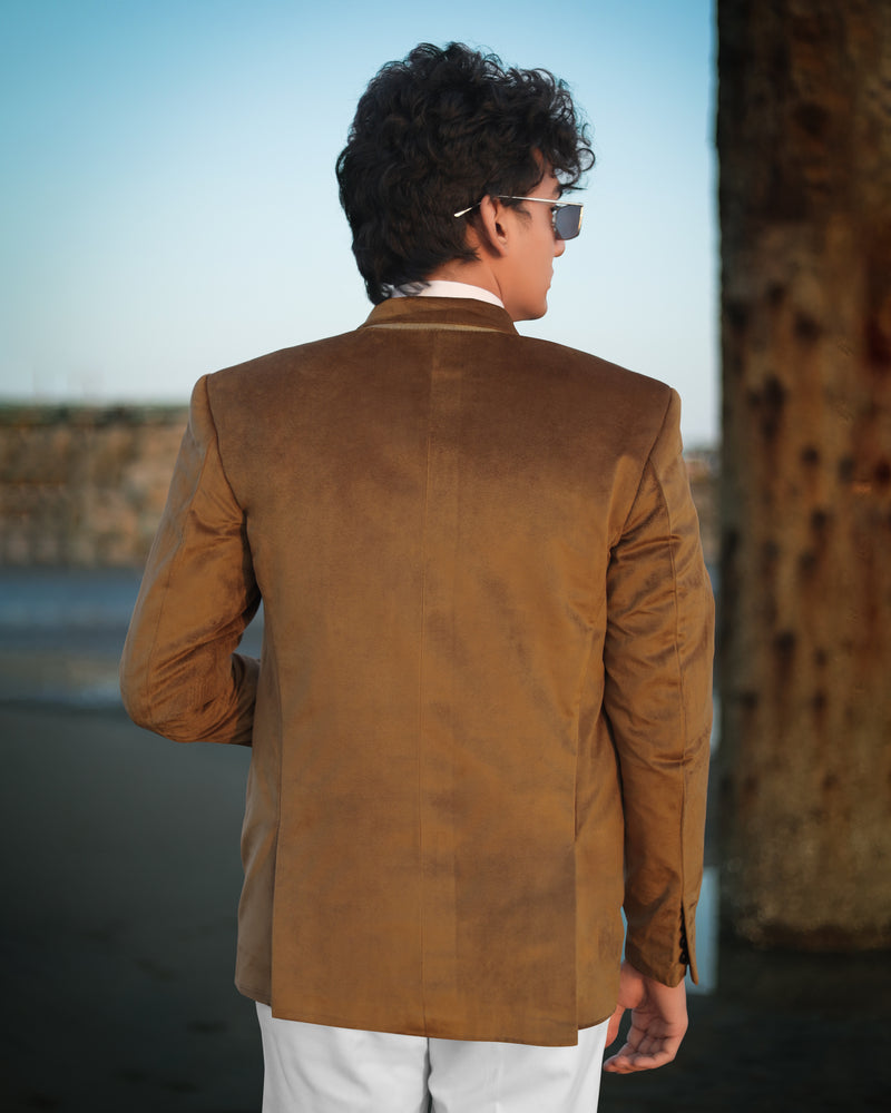 Nutmeg Brown Double Breasted Premium Velvet Designer Blazer