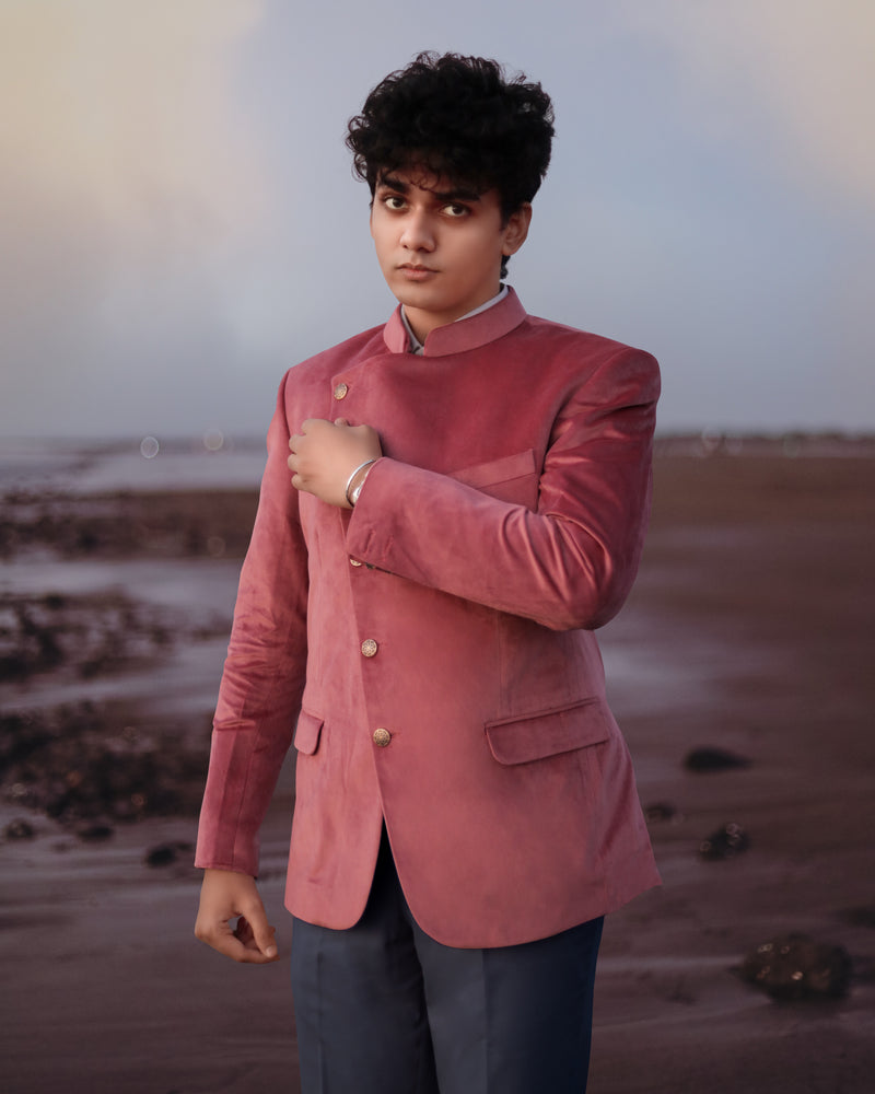Coral Pink Cross Buttoned Bandhgala Premium Velvet Designer Blazer