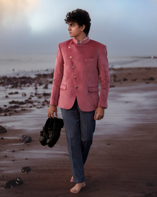 Coral Pink Cross Buttoned Bandhgala Premium Velvet Designer Suit