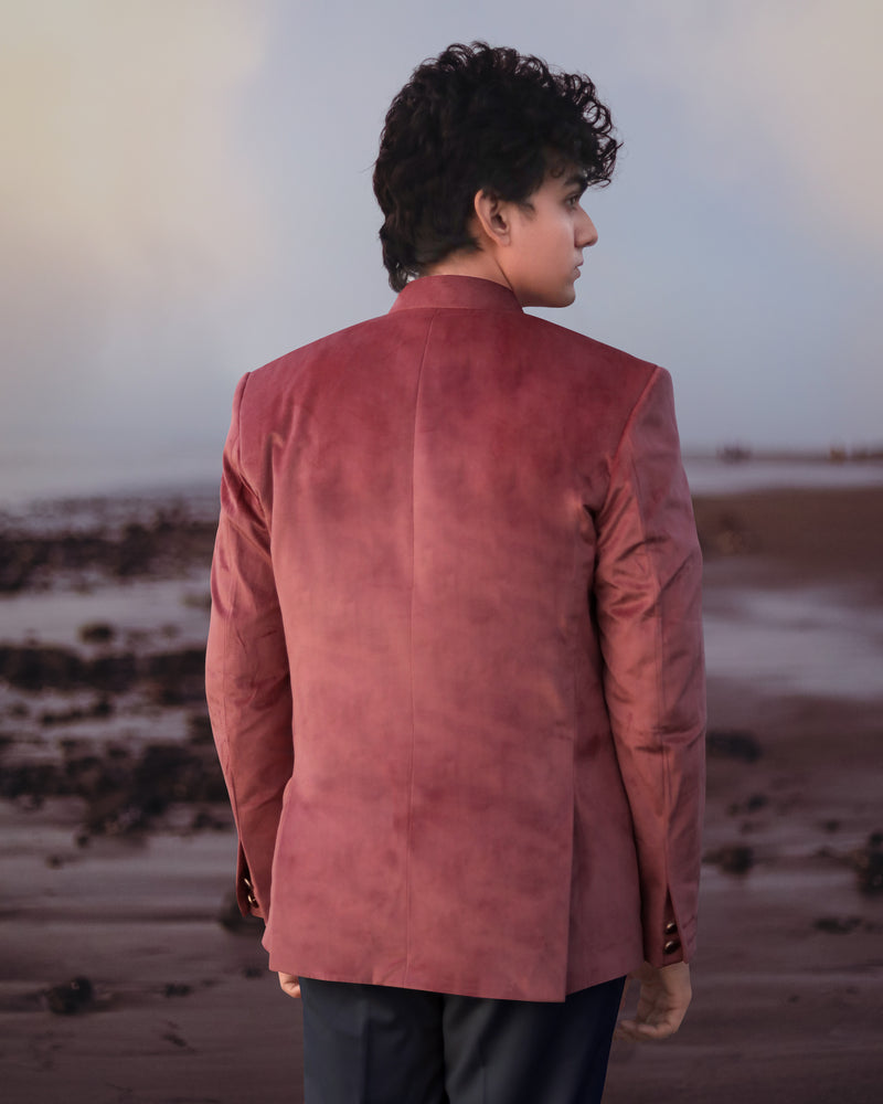 Coral Pink Cross Buttoned Bandhgala Premium Velvet Designer Blazer