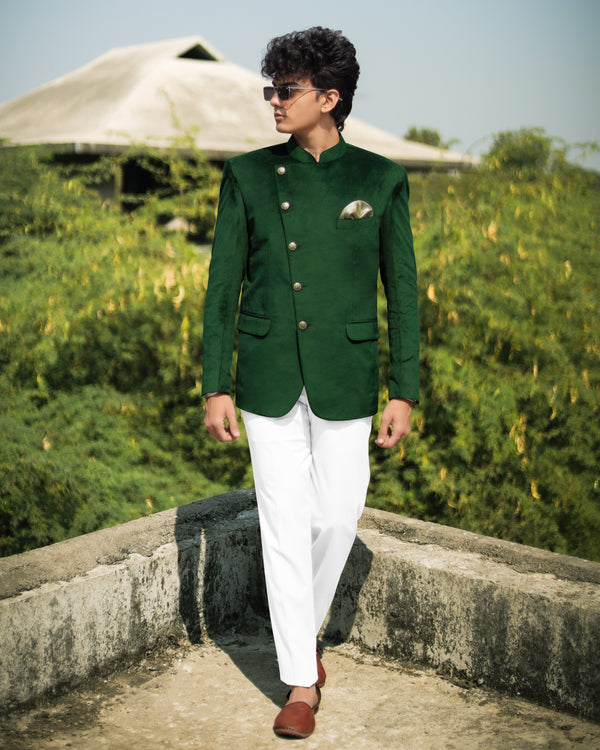 Phthalo Green Cross Buttoned Bandhgala Premium Velvet Designer Suit