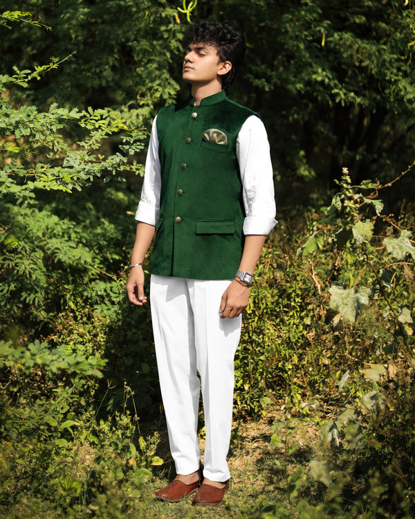 Phthalo Green Cross Buttoned Bandhgala Premium Velvet Designer Suit