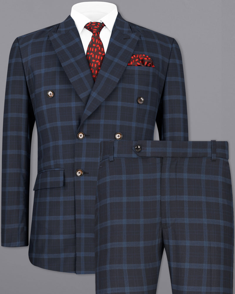 Baltic Sea Navy Blue Windowpane Double Breasted Suit