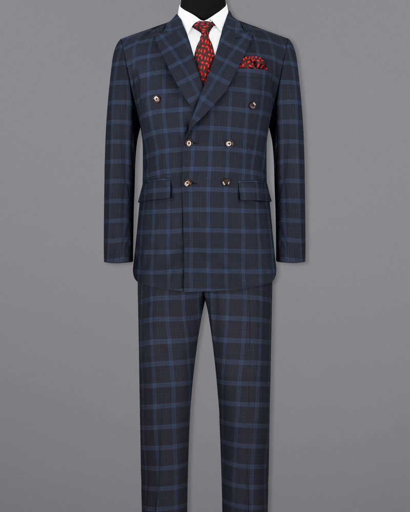 Baltic Sea Navy Blue Windowpane Double Breasted Suit