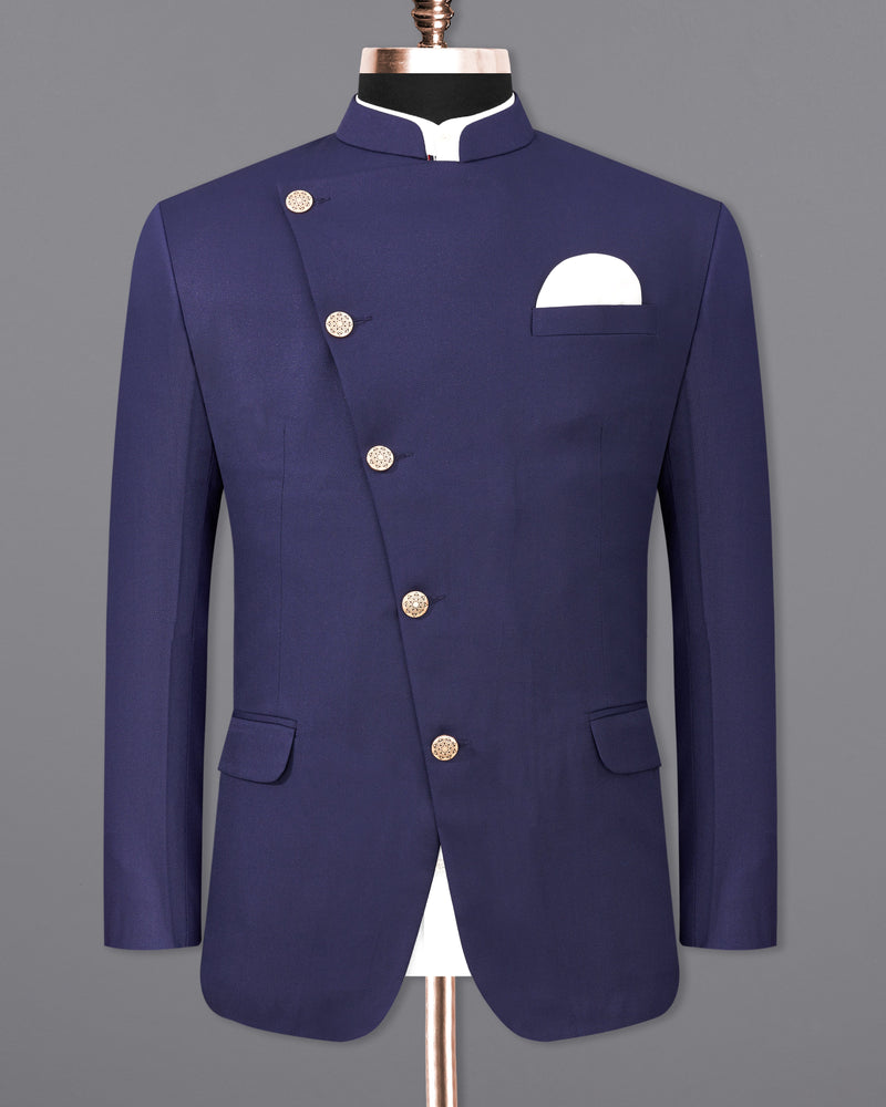 Ebony Clay Navy Blue Cross Buttoned Bandhgala Suit