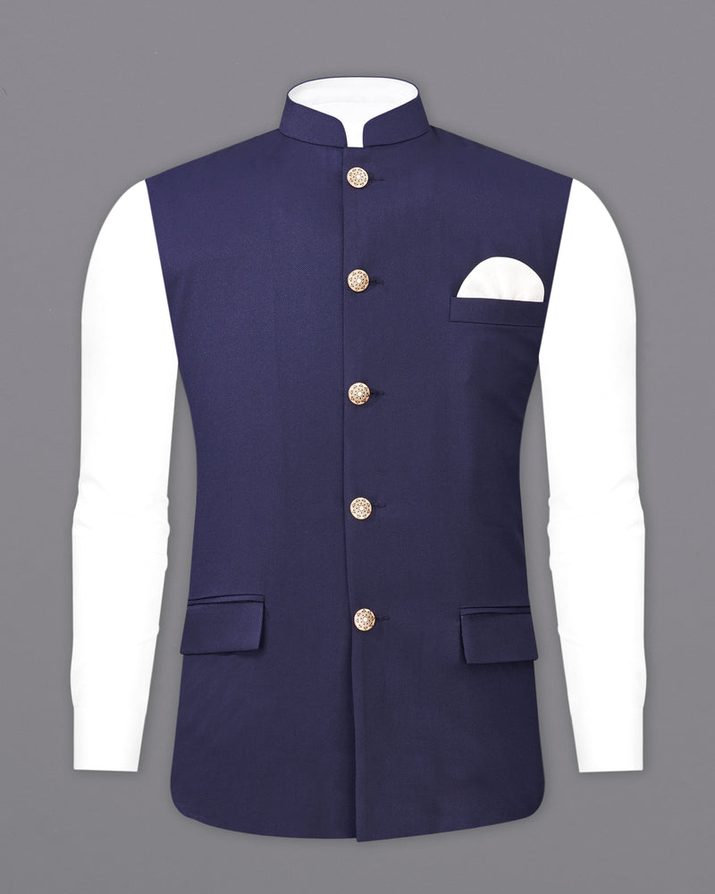 Ebony Clay Navy Blue Cross Buttoned Bandhgala Suit