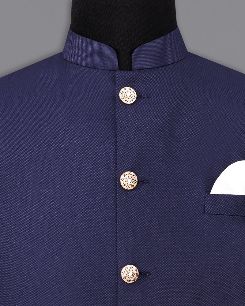 Ebony Clay Navy Blue Cross Buttoned Bandhgala Suit