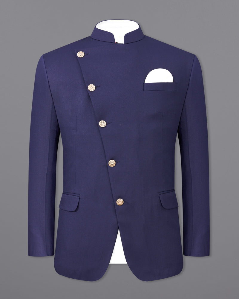 Ebony Clay Navy Blue Cross Buttoned Bandhgala Suit