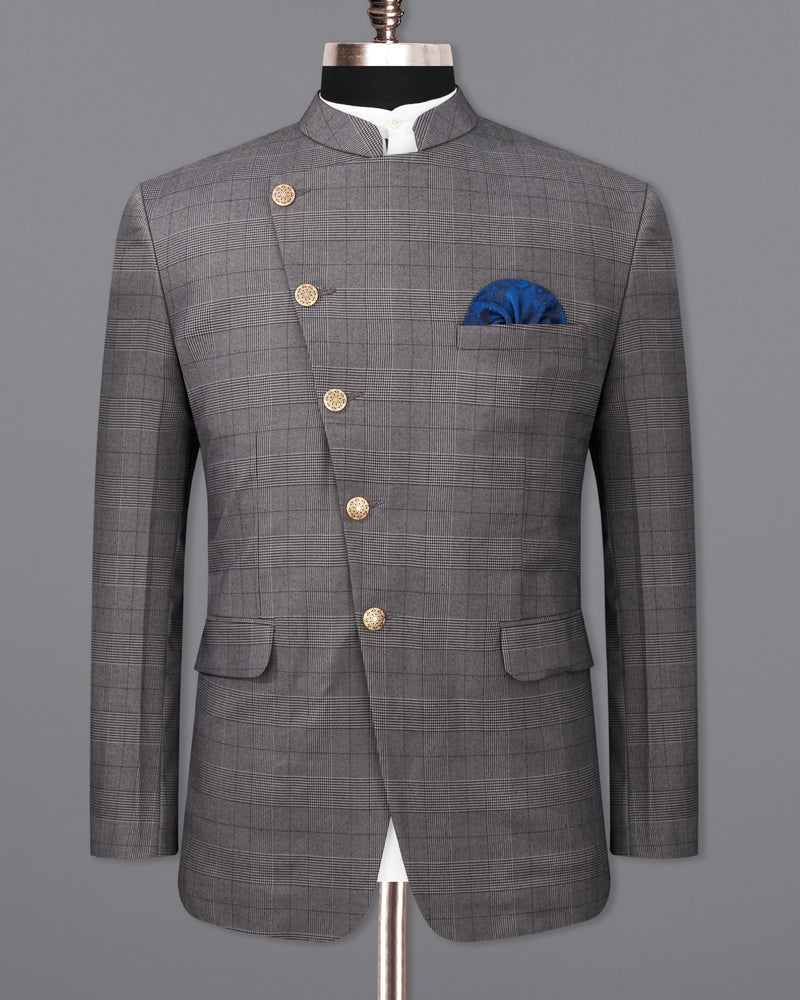 Fuscous Gray Plaid Cross Buttoned Bandhgala Suit