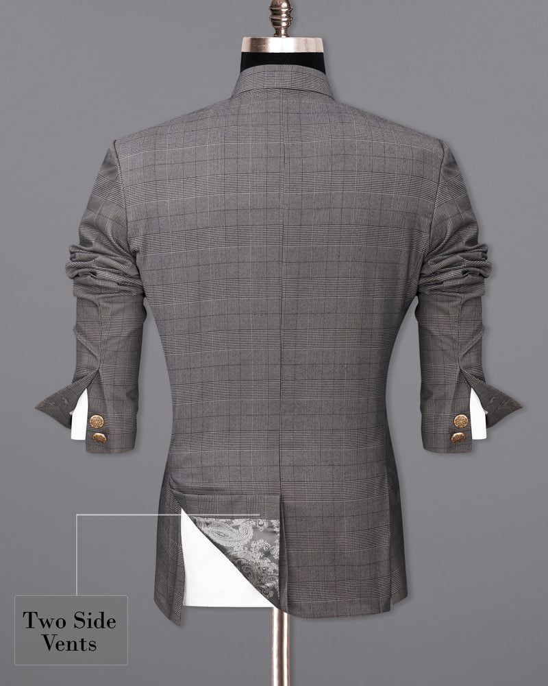 Fuscous Gray Plaid Cross Buttoned Bandhgala Suit