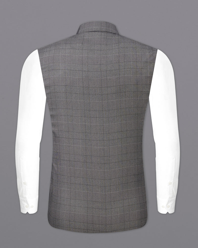 Fuscous Gray Plaid Cross Buttoned Bandhgala Suit