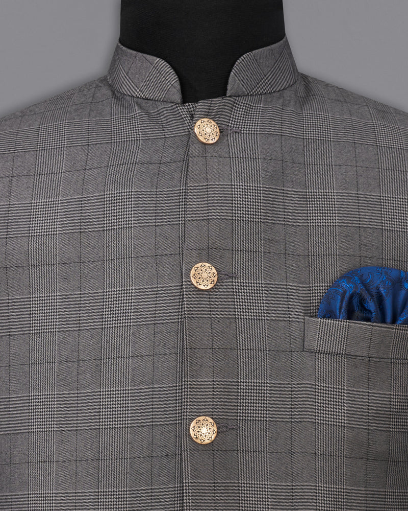 Fuscous Gray Plaid Cross Buttoned Bandhgala Suit