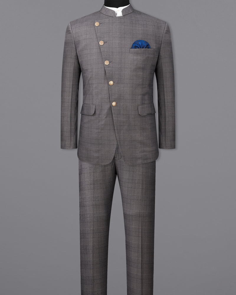 Fuscous Gray Plaid Cross Buttoned Bandhgala Suit