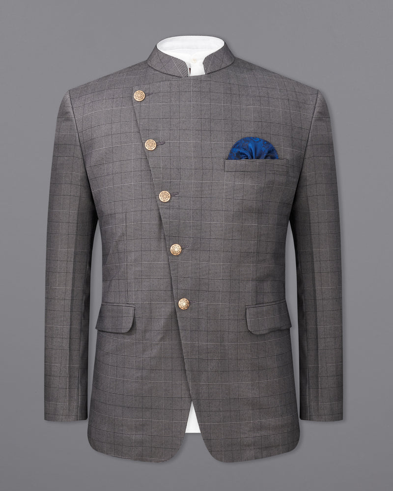 Fuscous Gray Plaid Cross Buttoned Bandhgala Suit