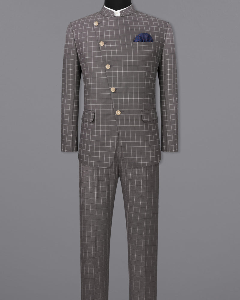 Mortar Gray Checkered Cross Buttoned Bandhgala Suit