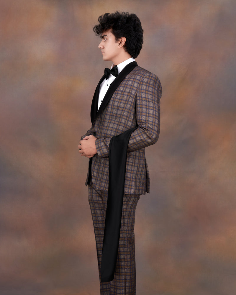 Hurricane Brown Plaid Tuxedo Designer Suit with Shawl ST2336-BKL-D241-36, ST2336-BKL-D241-38, ST2336-BKL-D241-40, ST2336-BKL-D241-42, ST2336-BKL-D241-44, ST2336-BKL-D241-46, ST2336-BKL-D241-48, ST2336-BKL-D241-50, ST2336-BKL-D241-52, ST2336-BKL-D241-54, ST2336-BKL-D241-56, ST2336-BKL-D241-58, ST2336-BKL-D241-60