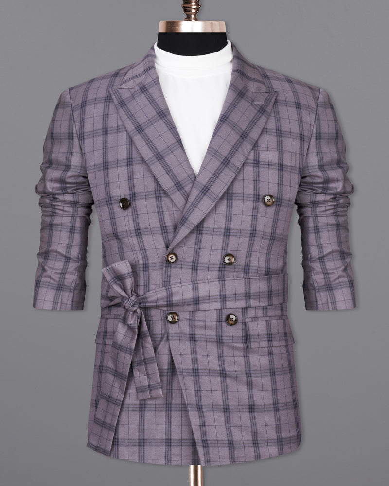 Gunsmoke Purple with Brown Plaid Double Breasted Designer Suit with Belt Closure