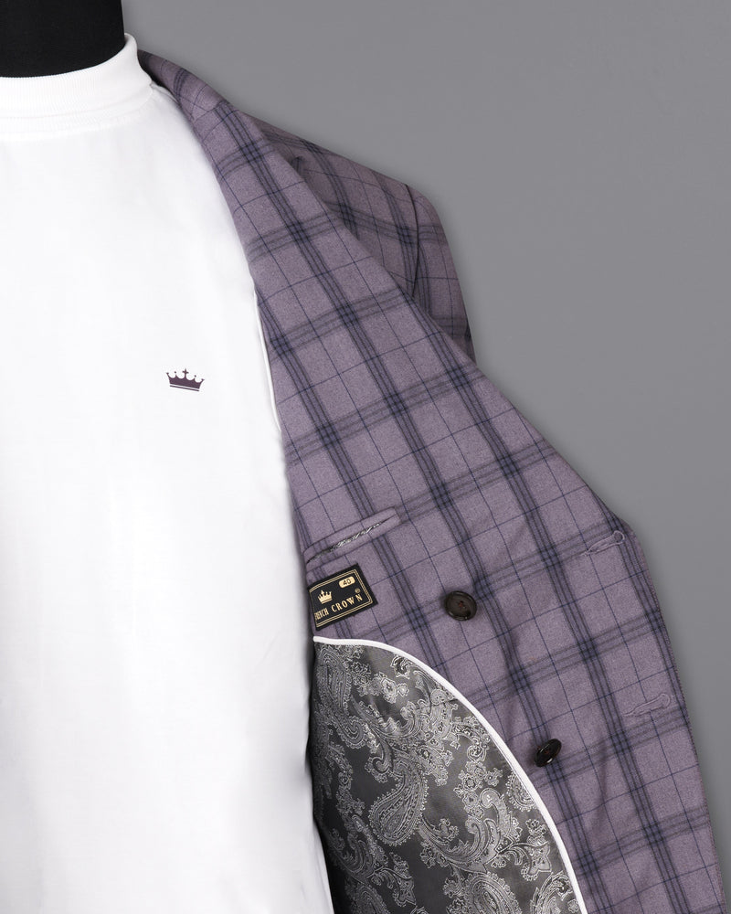 Gunsmoke Purple with Brown Plaid Double Breasted Designer Suit with Belt Closure