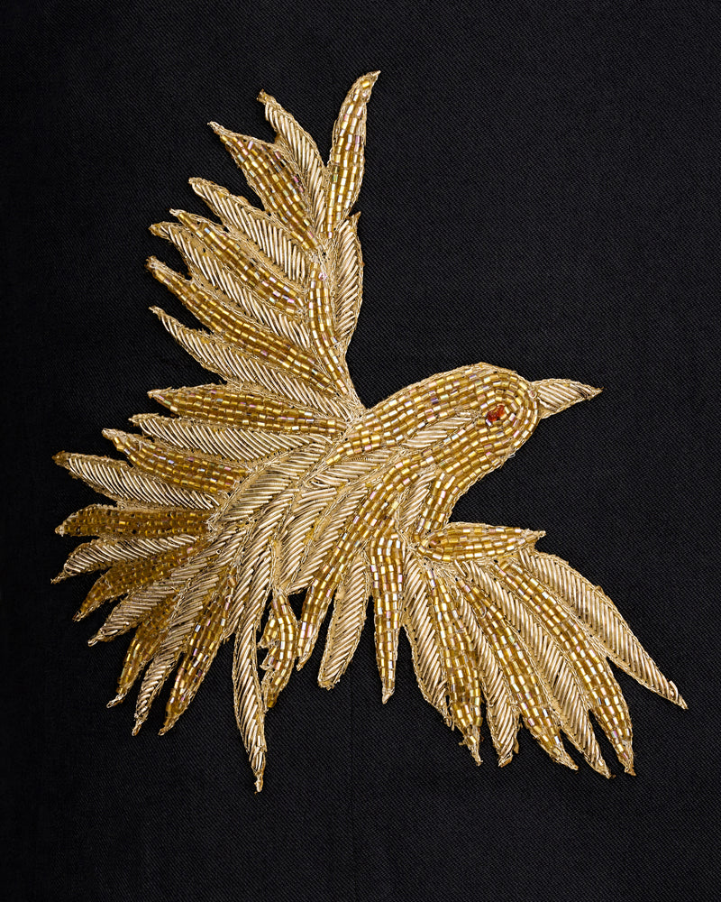 Jade Black with Camel Golden Bird Embroidered Bandhgala Designer Suit