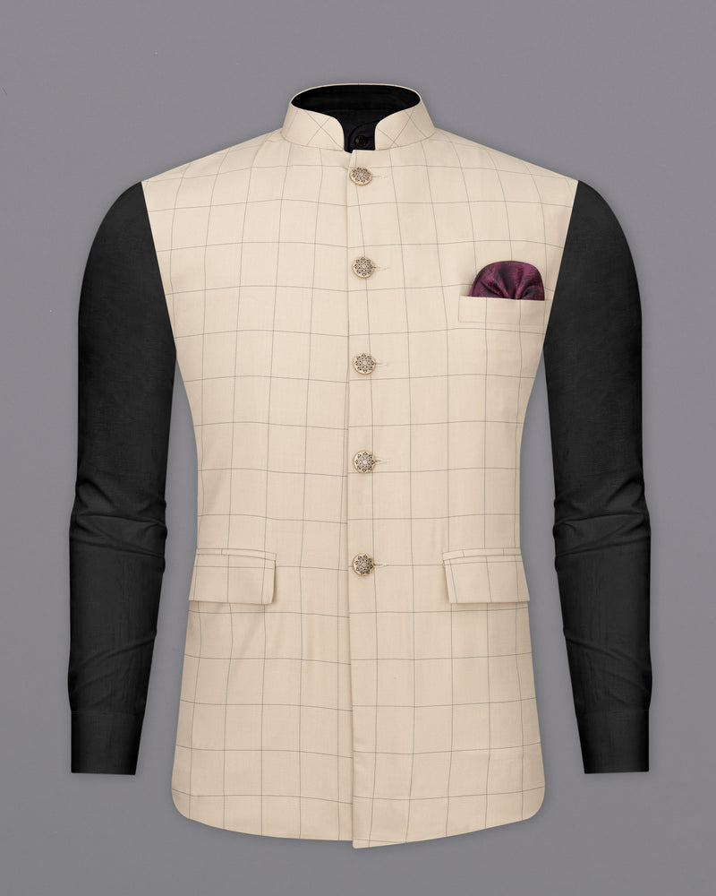 Hampton Cream Windowpane Bandhgala Designer Suit