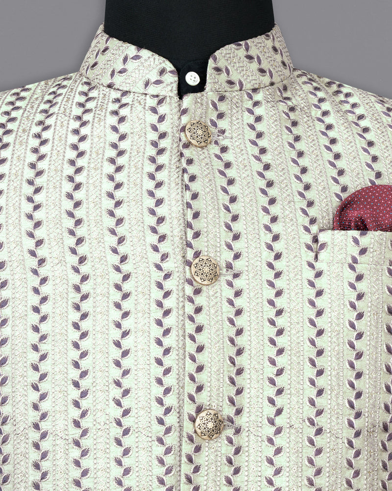 Bone Green with Bunting Maroon Cotton Thread Embroidered Bandhgala Jodhpuri Suit
