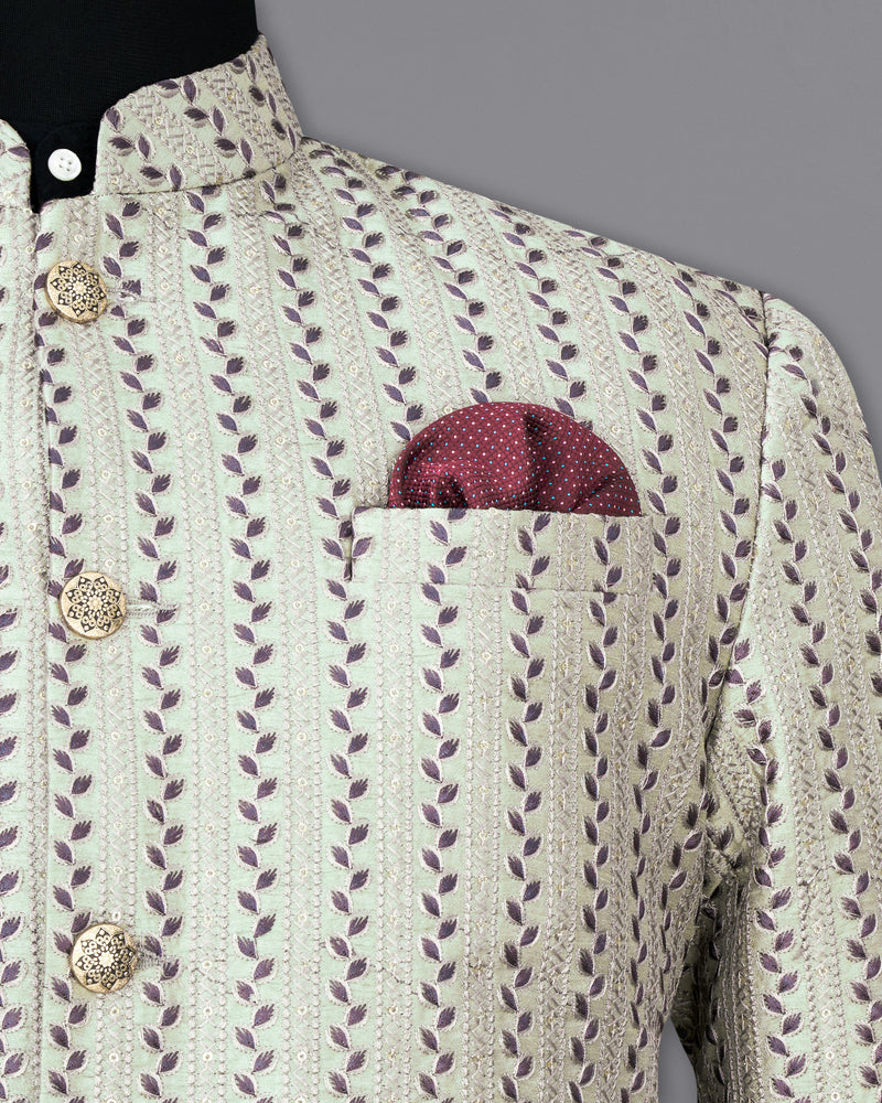 Bone Green with Bunting Maroon Cotton Thread Embroidered Bandhgala Jodhpuri Suit