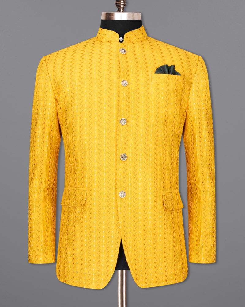 Mikado Yellow Cotton Thread Embroidered Bandhgala Jodhpuri Suit