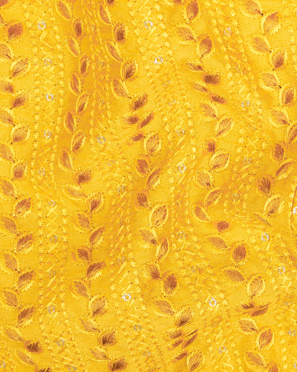 Mikado Yellow Cotton Thread Embroidered Bandhgala Jodhpuri Suit