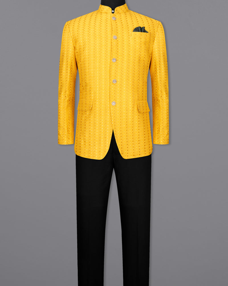 Mikado Yellow Cotton Thread Embroidered Bandhgala Jodhpuri Suit